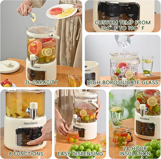 3L Electric Kettle & Beverage Dispenser with Infuser, Spigot - All-in-One Health Pot for Iced Tea/Coffee, Temperature Control, Glass Pitcher - Home & Office Use