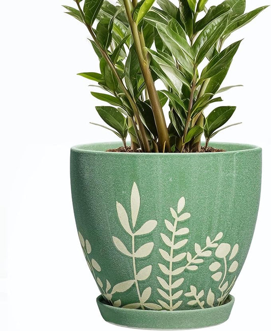 8 Inch Indoor Plant Pot with Drainage and Saucer - Ceramic Planter for Indoor Outdoor Plants, Decorative Flower Pot, Desk Home Office Garden Decor, Plant Lovers Gifts, Green