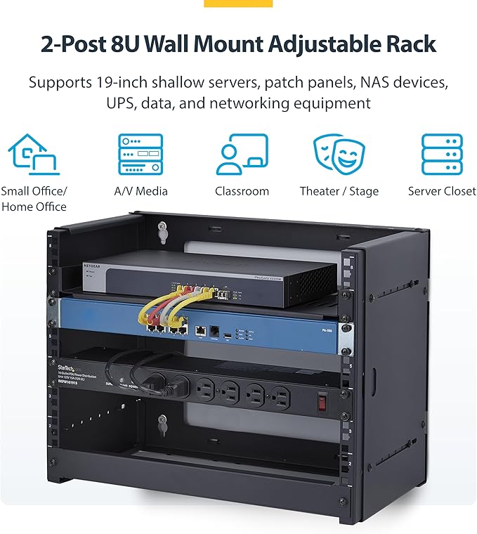 StarTech.com 2-Post 8U Wall Mounted Rack, Adjustable Depth up to 16in, for 19-inch Server/Data/Networking Equipment, Max 88lb