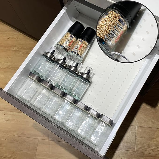 Gosmol Spice Drawer Organizer insert, Adjustable & Non-Slip Silicone Spice Drawer Liner, in Drawer Spice Organizer for Seasoning Jars and Spices Bottles -White
