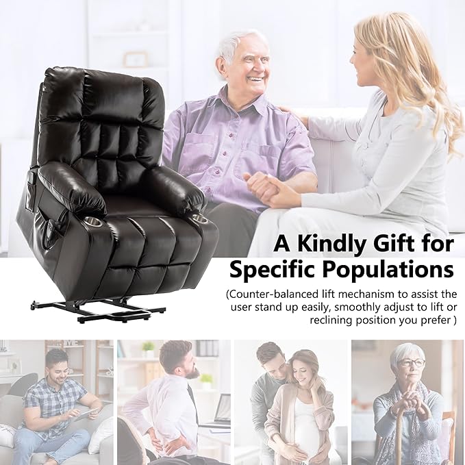 Dual Motor Power Lift Recliner Chair for Big and Tall Elderly Adults Electric Lay Flat Recliner, Stand Up Lift Chairs Recliners with Massage Heat, Cup Holders, Side Pockets, Lumbar Pillow