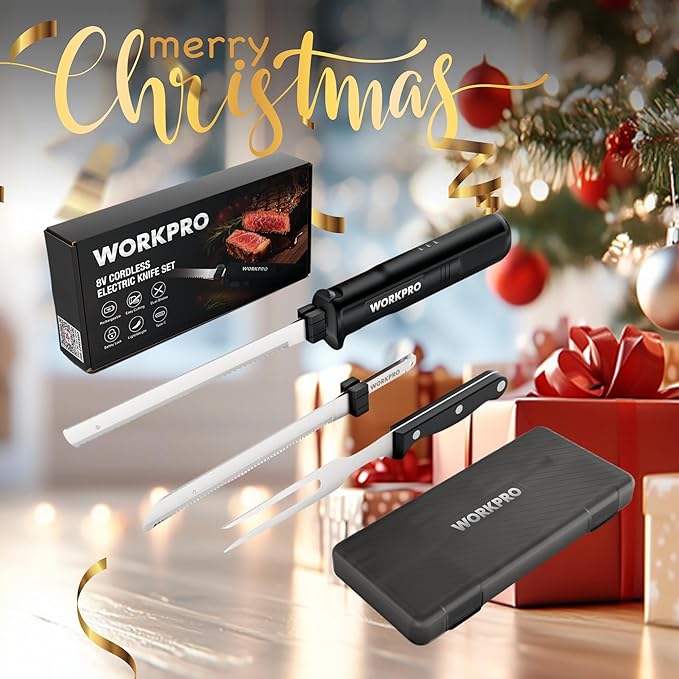 WORKPRO Electric Knife for Meat Slicing, Cordless Electric Carving Knife for Turkey, Fish & Bread, Two Stainless Steel Blades, Ergonomic Handle, Storage Case & Serving Fork Included, Black