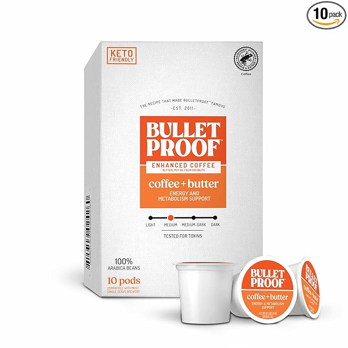 Bulletproof Coffee + Organic Grass-Fed Butter Single-Serve Pods, 10 Count, Keto Coffee, All-in-one Recipe with MCT Oil and Butter, Packaging May Vary