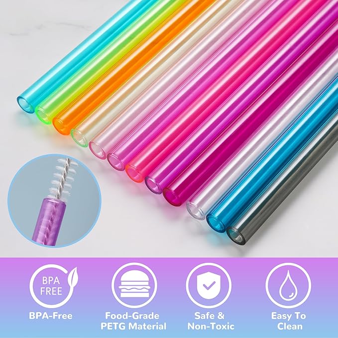 NiHome 12-Pack Plastic Reusable Drinking Straws for Stanley 40 oz 30oz 64 oz Tumbler, 12 Colors 12 In Reusable Straws Fit for Stanley Cups w/ 2 Brushes, BPA-Free for Cold & Hot Beverages (12 Colors)