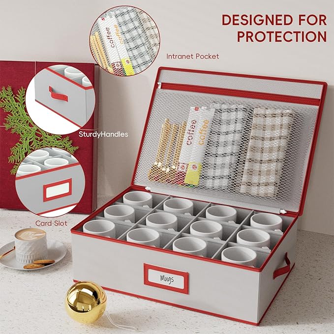 homyfort Coffee Mug Storage Box, China Cup Storage Organizer Containers Hard Shell Stackable with Dividers Holds 12 Coffee Mugs and Tea Cups