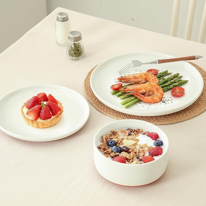 24 Piece Dinnerware Sets for 8, Dual Glaze Stoneware Plates and Bowls Set, Microwave and Dishwasher Safe, Stardust Glaze White