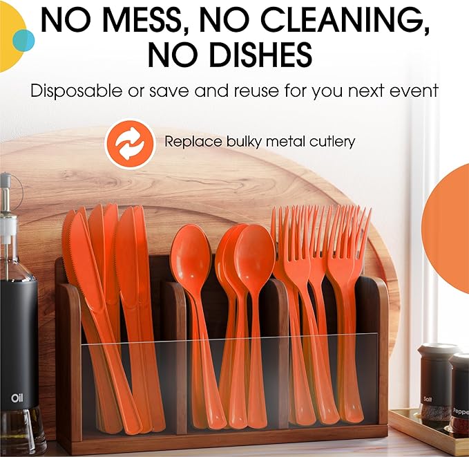 Party Solids Orange Plastic Silverware Heavy Duty 150 Pieces Orange Disposable Silverware Heavy Duty, Utensil Sets, 50 Of Each Forks, Knives & Spoons Disposable Cutlery Set For Party Supplies