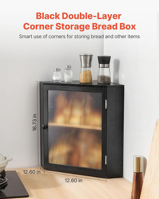VEVOR Corner Bread Box for Kitchen Counter, Double Layer Large Capacity Bamboo Bread Storage Container, Farmhouse Wooden Breadbox for Homemade Bread, Storage Holder Bin with Acrylic Wavy Door, Black
