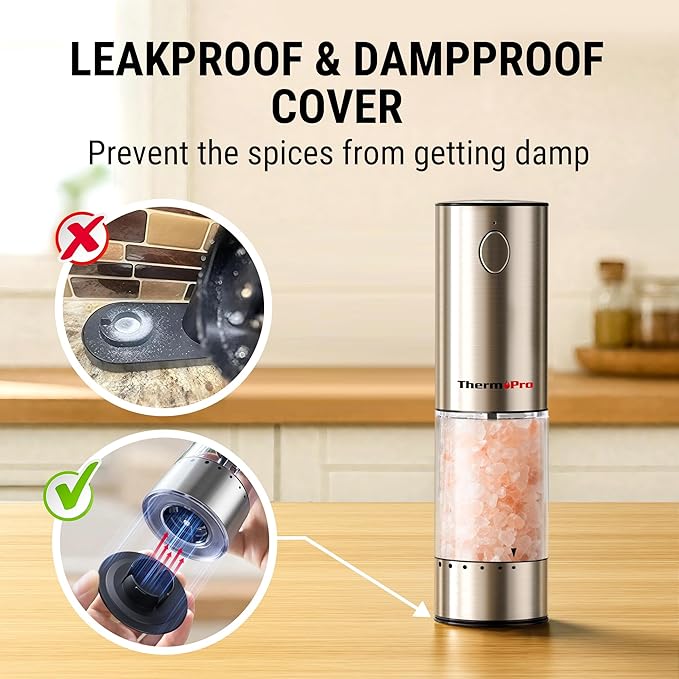 ThermoPro 100ml Electric Salt and Pepper Grinder Set Rechargeable, Automatic Pepper Grinder Shakers with External Adjustment, Refillable Pepper Mill Set with Dust Cover & LED, Stainless Steel 2-Pack