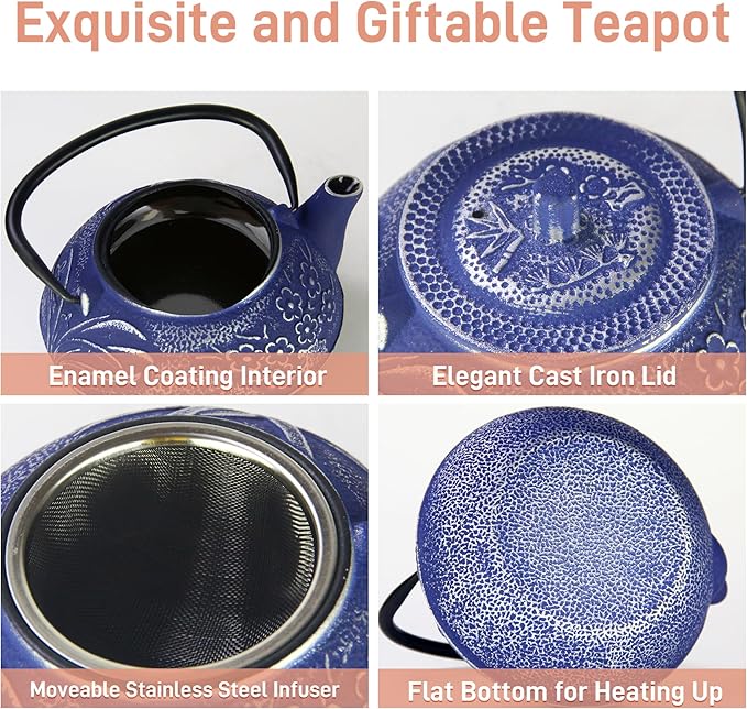 Cast Iron Teapot,SECHUDO Blue Tea Kettle,Japanese Cast Iron Teapot with Stainless Steel Infuser for Stovetop Safe (20.3OZ/600ML)