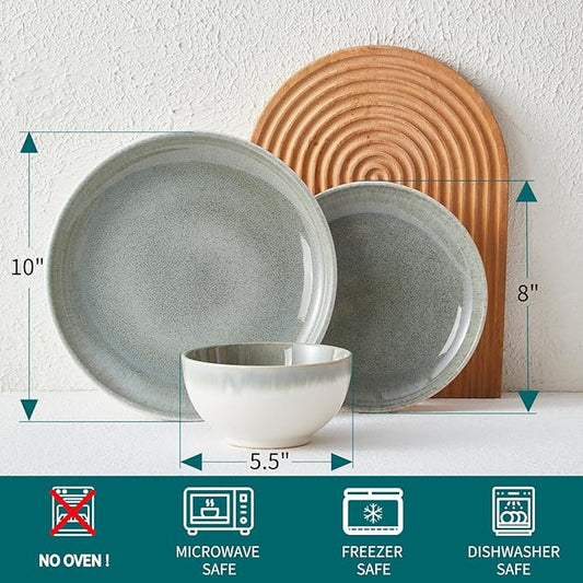 Ceramic Dinnerware Sets for 6, 18 Pieces Stoneware Plates and Bowls Sets, Chip and Stain Resistant Modern Dishes, Dishwasher & Microwave Safe Dinner Set, Gradient Green