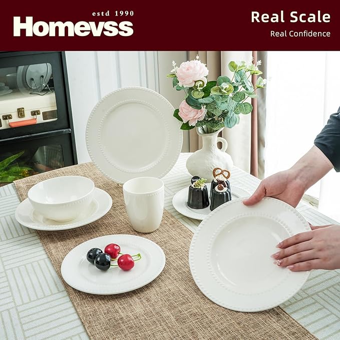 HomeVss, New Bone China Dinnerware Set, Embossed Pearl Design, 20pc Set