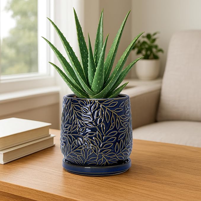 D'vine Dev 5 Inch Embossed Leaves Stoneware Planter Pot with Drainage Hole and Saucer, Midnight Blue, Set of 2, 27-F-V-3