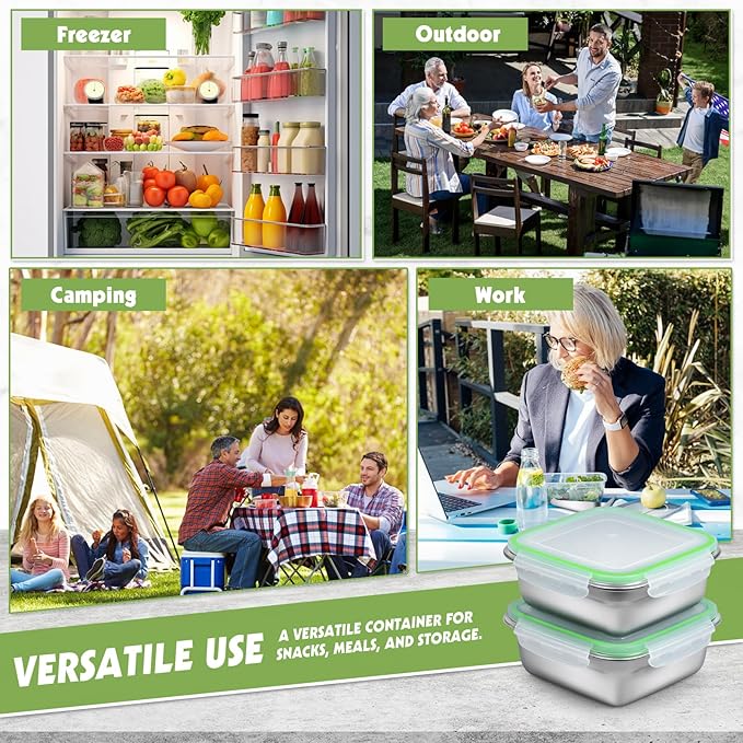2 Pack Sandwich Containers, 24oz Stainless Steel Sandwich Box with Airtight Lids, Reusable Metal Meal Prep Lunch Boxes, BPA-Free, Dishwasher Safe, Food Storage Containers for Families (Green)