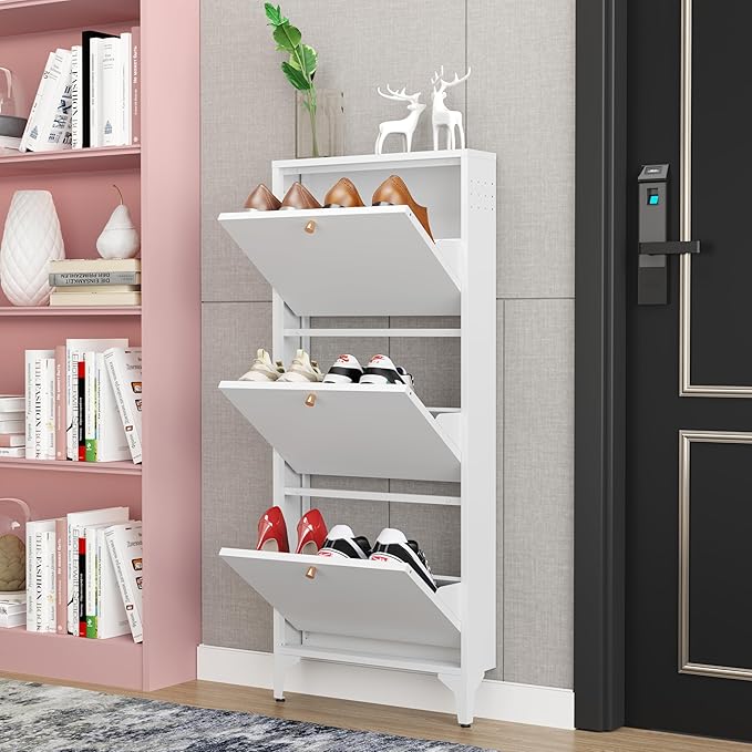 Shoe Cabinet with 3 Flip Drawers, 19" W Narrow Shoe Storage Cabinet, Farmhouse Shoe Organizer, Freestanding Organizer with Metal Legs for Entryway, Foyer (Narrow 3-Door, White)