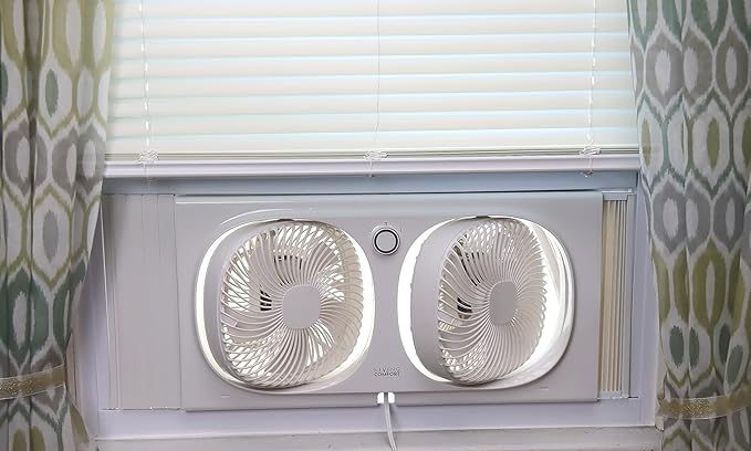 Comfort Zone Living Comfort 9-Inch Twin Window Fan with 2 Speeds & Individually 180° Rotating Fan Heads, Removable Bug Screen – Ideal for Home, Kitchen, Bedroom & Office