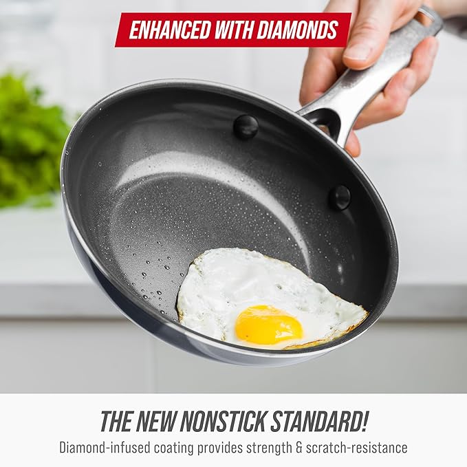 Blue Diamond Frying Pan 8” Skillet, Diamond Infused Healthy Ceramic Nonstick, PFAS and PFOA-Free, Dishwasher and Oven Safe, Even Heating, Metal Utensil Safe, Warp Control Base, Grey