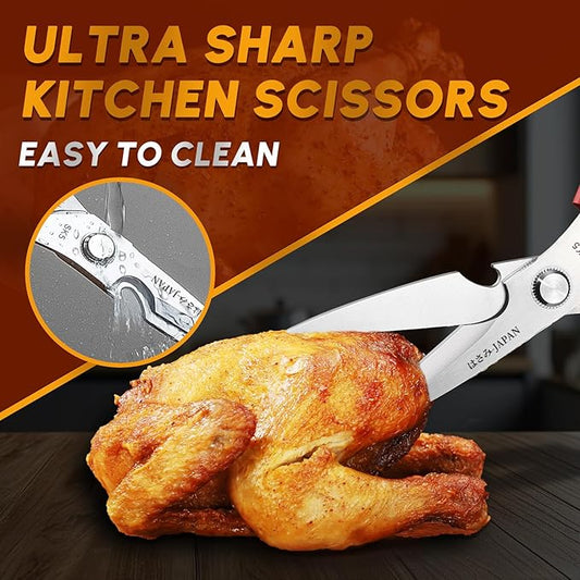 HUUSK Kitchen Scissors Set Red - Stainless Steel Kitchen Shears, Sharp Meat Scissors Dishwasher Safe, Heavy Duty Poultry Shears All Purpose, Japanese Cooking Scissor for Food,Christmas Gifts for Women