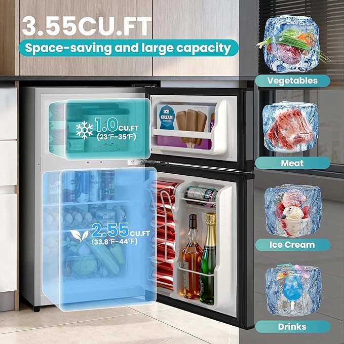 Double Door Refrigerator with Freezer, 3.55 Cu.Ft, Small Fridge with Freezer, 7 Settings Temperature Adjustable, Mini Refrigerator for Office and Apartment Bedroom Dorm(3.55 Cu.Ft, Silver)