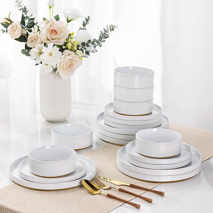 AmorArc Ceramic Dinnerware Set for 6 | Speckled Stoneware Plates and Bowls with Rustic Terracotta Underside| Scratch Resistant,Dishwasher & Microwave Safe Dishes Sets- 18pcs White