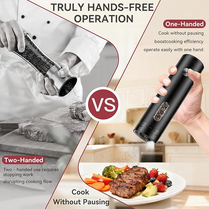 Electric Salt and Pepper Grinder Set with Rechargeable Base, Refillable Pepper Mill Set with LED Light & Adjustable Coarseness, Ideal for Kitchen, Outdoor, BBQ & Gift Giving