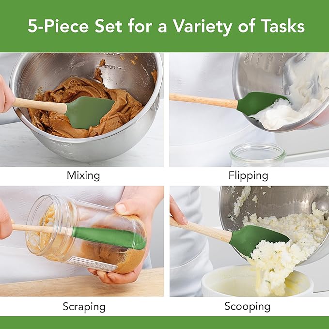 Tovolo Silicone Spatula with Wooden Handle Set of 5 Piece Silicone Kitchen Utensil Set Spoonula Jar Scraper Mini Spatula and Spoonula for Cooking Baking Mixing Folding Pesto Green