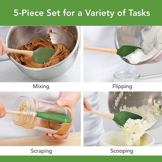 Tovolo Silicone Spatula with Wooden Handle Set of 5 Piece Silicone Kitchen Utensil Set Spoonula Jar Scraper Mini Spatula and Spoonula for Cooking Baking Mixing Folding Pesto Green