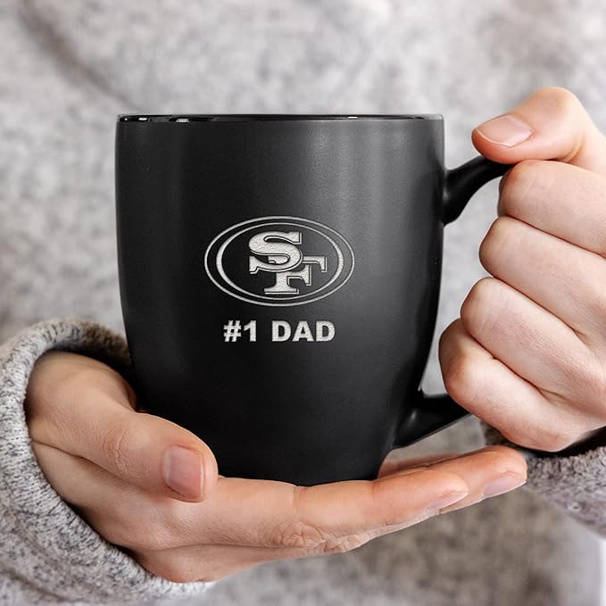 Rico Industries NFL Football #1 Dad 15oz Laser Engraved Matte Black Ceramic Bistro Mug - for Hot or Cold Drinks