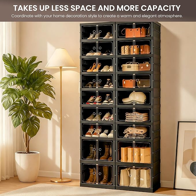 Foldable Shoe Organizer Storage Box, Portable Extra Large Folding Shoe Rack for Closet, Shoe Storage Box with Magnetic Transparent Door and Wheels, 9 Layers 18 Grids with 4 Big Grids