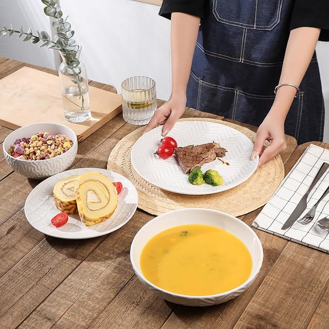 Sureasy Ceramic Dinnerware Set for 4-16 Pieces Embossed Plates and Bowls Sets, Scratch Resistant Dish Set, Microwave, Oven & Dishwasher Safe, White