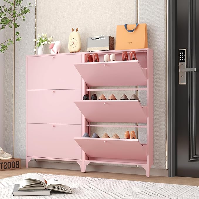 Shoe Cabinet with 3 Flip Drawers, Narrow Shoe Storage Cabinet, Farmhouse Shoe Organizer, Freestanding Organizer with Metal Legs for Entryway, Foyer (3 Door, Pink)