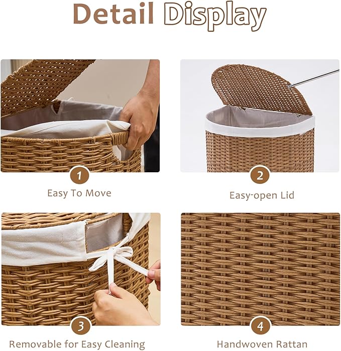 Wicker Half Moon Laundry Basket with Lid and 2 Replaceable Liner Bags, Handwoven Rattan Hamper for Dirty Clothes, Rattan, 90L