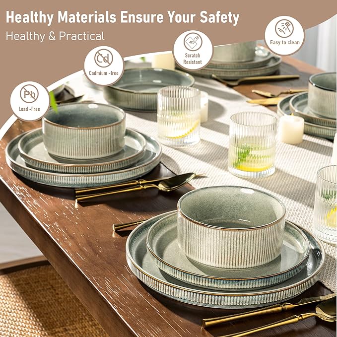 GBHOME Stoneware Dinnerware Sets for 4,Round Reactive Glaze Ceramic Plates and Bowls Set, Highly Scratch Resistant | Dishwasher & Microwave Safe Dishes Set,Service for 4(12Pcs),Desert Sage