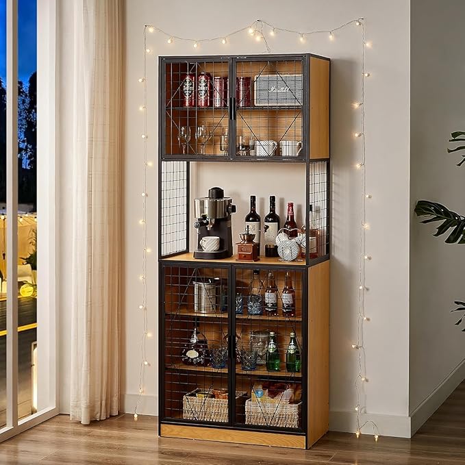 VECELO 72in Tall Kitchen Pantry Cabinet with Doors and Shelves, Large Freestanding Storage Cupboard with Countertop Hutch, Oak