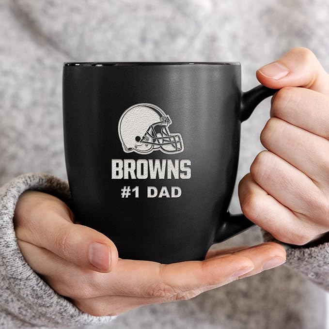 Rico Industries NFL Football #1 Dad 15oz Laser Engraved Matte Black Ceramic Bistro Mug - for Hot or Cold Drinks