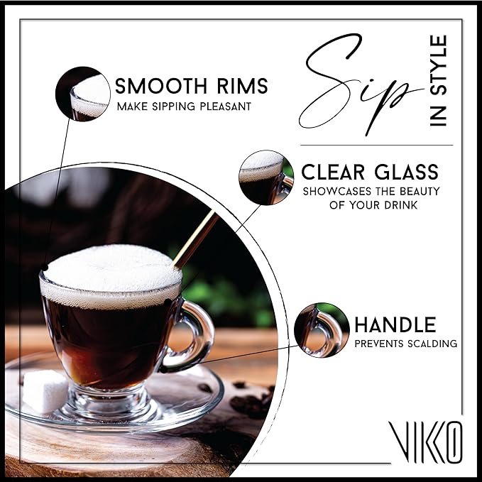 Vikko Espresso Cups, 3.25 Ounce Small Coffee Mugs, Set of 6 Clear Glass Coffee Mug, Durable Dishwasher Safe Glass Cups for Coffee or Tea