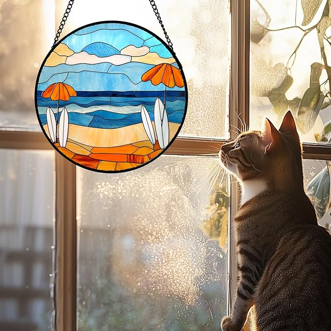 Stained Glass Window Hanging 4 Pcs Set Blue Ocean Surfing Beach Large 11.8" - Suncatcher Door Garden Sun Catcher Decor Birthday Mother's Day for Firefighte Men Woman Nana Mom