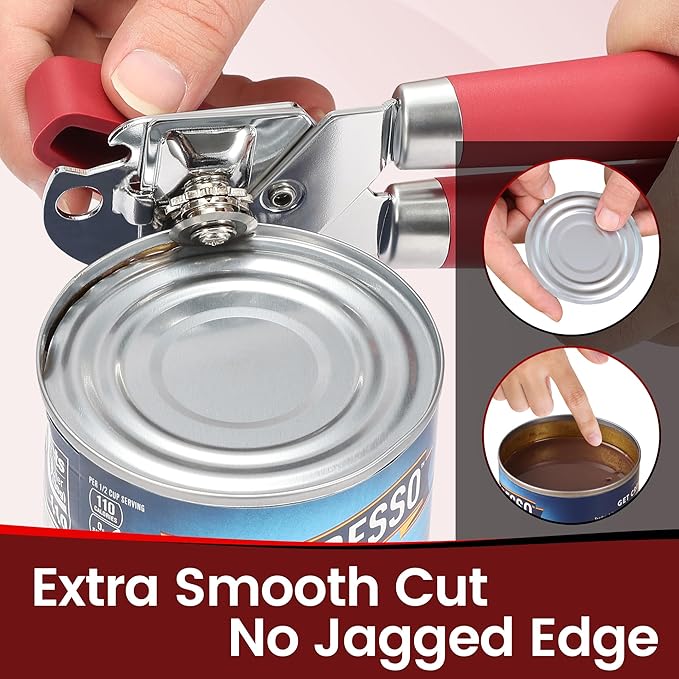 Manual Can Opener Smooth Edge with Magnet, Vayvnt Stainless Steel Handheld Strong Can Bottle Opener, Extra Shape Cutting Blade&Large Turn Knob, Multifunctional 4 In 1 Kitchen Tool for Seniors, Red