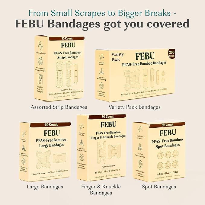 FEBU Eco-Friendly Bamboo Fabric Bandages | PFAS Free Bandages for Scrapes & Cuts | Flexible Fabric Bandage | Fully Compostable, Latex Free Bandage | 50 Count Spot
