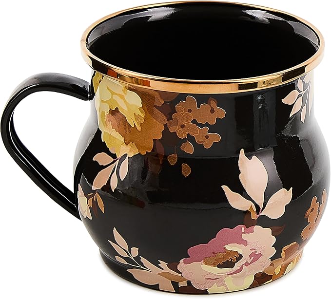 MACKENZIE-CHILDS Enamel Mug, Cute Enamelware Tea or Coffee Mug, Wild Rose Brown