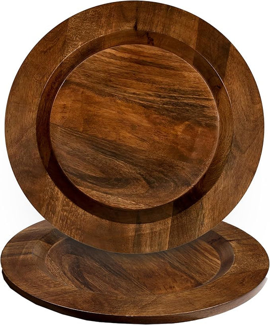 CLEENTABLE Wooden Dinner Plates Set of 2-13" Serving Dinner Plate Chargers for Weddings, Parties, Rustic Table Decor, Indoor Outdoor Dining - Lightweight Round Appetizer Plates (Walnut)