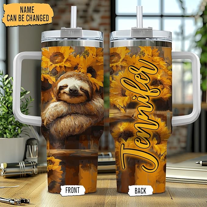 Personalized Sloth 40oz Tumbler with Handle and Straw Gifts for Women Girl, Sunflower Sloth Gifts For Animal Lovers, Birthday Christmas Gift Idea, Custom Name Stainless Steel Travel Cup