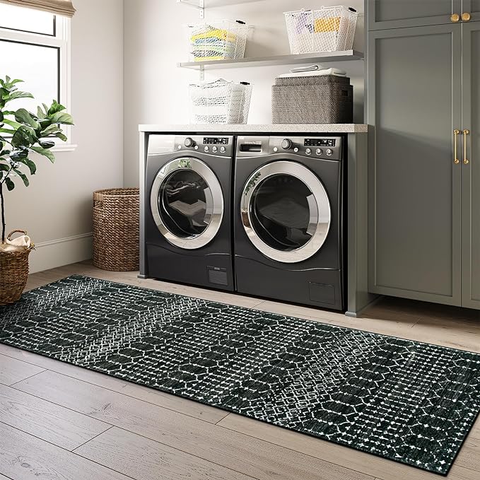Lahome Moroccan Black Washable Runner - 2x5 Non-Slip Lightweight Laundry Room Rug Throw Soft Long Bathroom Rug, Geometric Print Carpet Runners for Kitchen Hallway (Black, 2'x5'')