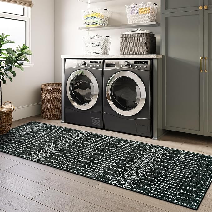 Lahome Moroccan 2x6 Black Runner Rug Non-Slip, Kitchen Rug Runner Washable Non-Skid Hallway, Geometric Print Distressed Carpet for Entryway Bathroom Laundry