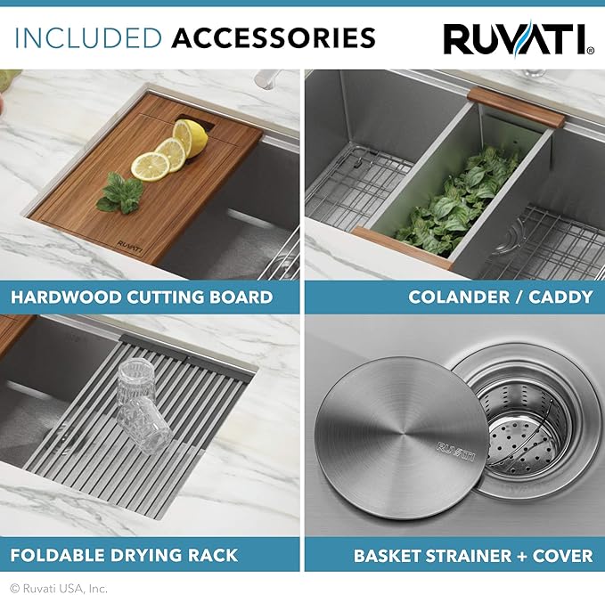 Ruvati 32-inch Undermount 16 Gauge Stainless Steel Workstation Kitchen Sink Single Bowl – Soundproof Multifunction Chef Sink with Cutting Board & Accessories, Brushed Finish Hides Scratches – RVH8300
