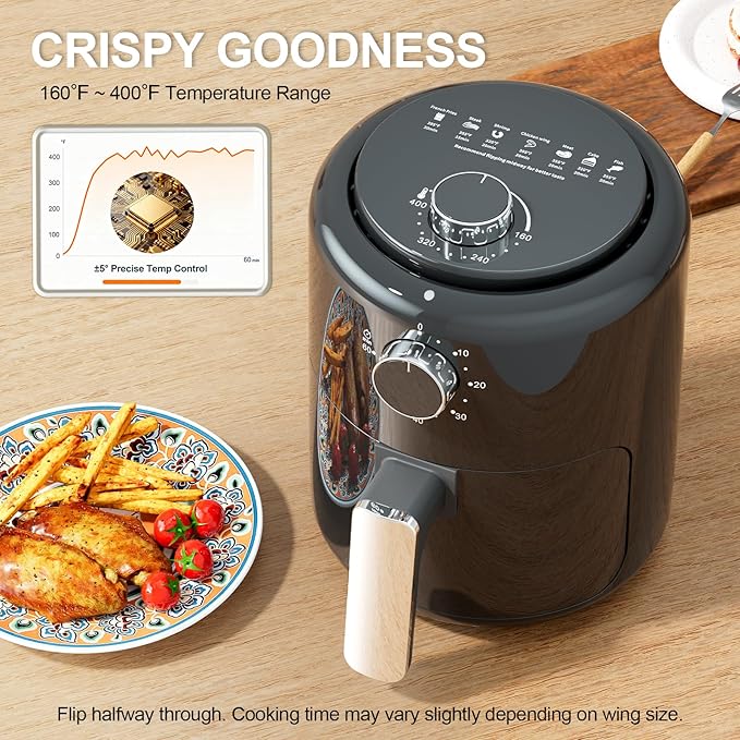 Compact Air Fryer Small 2QT, 4-in-1 Small Mini Airfryer, Bake, Roast, Reheat, 98% Less Oil, Adjustable Temperature Control w/ 60min Timer, Quiet, Nonstick & Dishwasher Safe Basket, BPA-Free, Grey