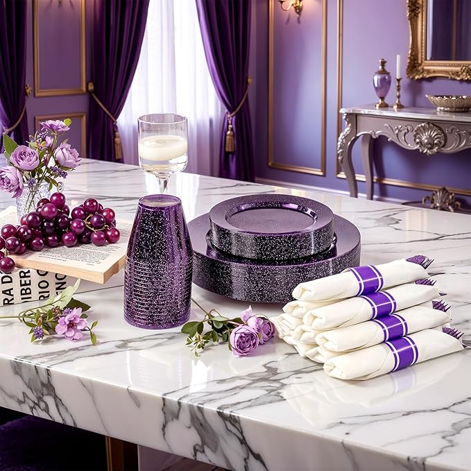 DaYammi 210 Purple Glitter Plastic Dinnerware Set for 30 Guests, Fancy Disposable Plates for Party, Include: 30 Dinner Plates, 30 Dessert Plates, 30 Pre Rolled Napkins with Purple Silverware, 30 Cups