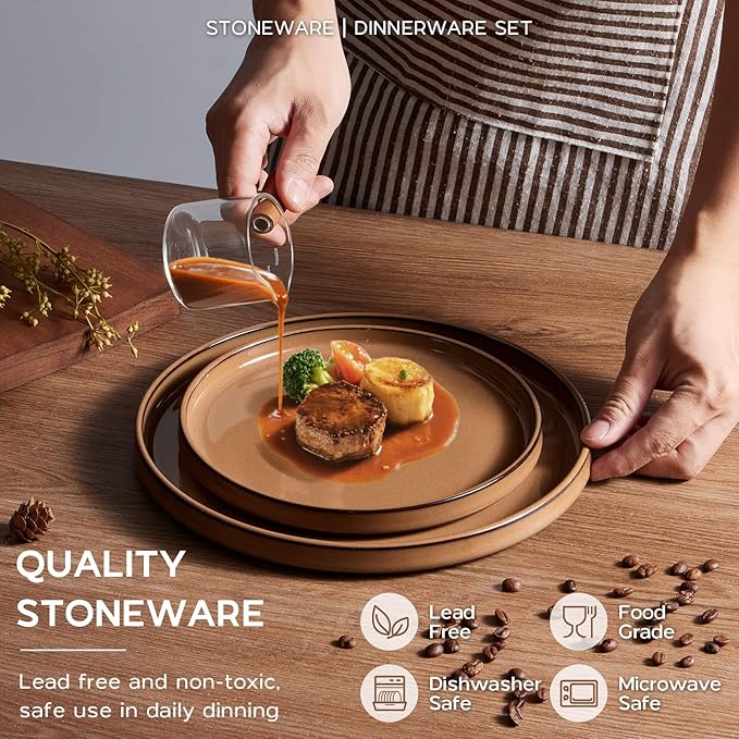 Onader Stoneware Dinnerware Sets for 4, Plates and Bowls with Unglazed Terracotta Bottom, Elegant Kitchen Ceramic Dish Dishware Set, Reactive Glaze 12 Piece - Earthy Umber