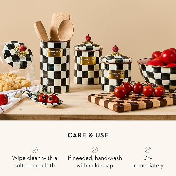MACKENZIE-CHILDS Medium Enamel Canister, Kitchen Storage Container for Flour and Sugar, 1.42 Liters, Black-and-White Courtly Check