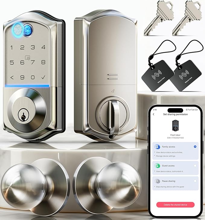 Veise VE017-K Fingerprint Smart Lock with 2 Knobs, App Control, Keyless Entry Front Door Lock with Handle Set, Electronic Digital Touchscreen Keypad Deadbolt, IP55 Waterproof, Auto-Lock, Satin Nickel